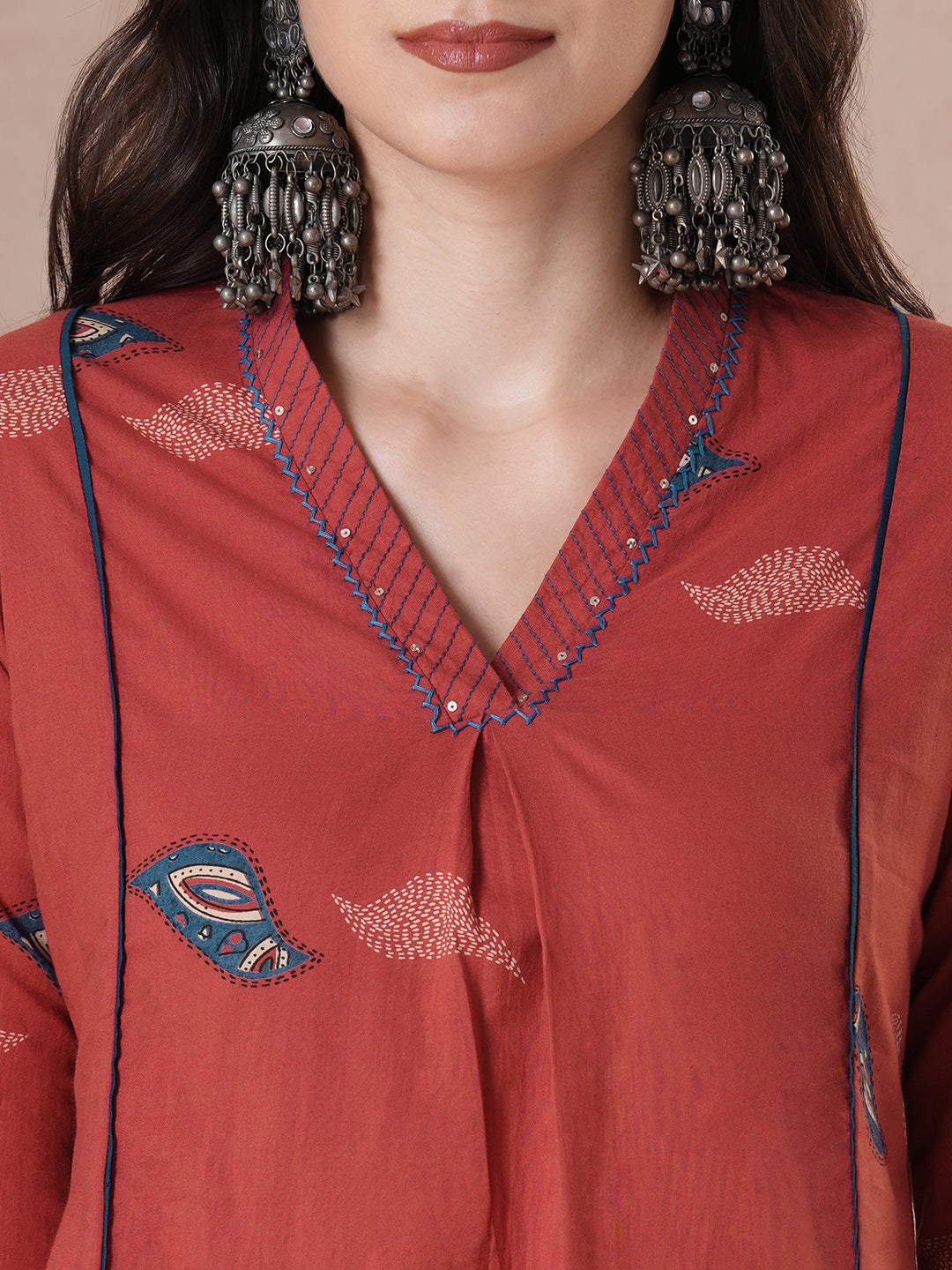 Women Printed A-Line Kurta with Hand Embroidery and Box Pleat Detail.