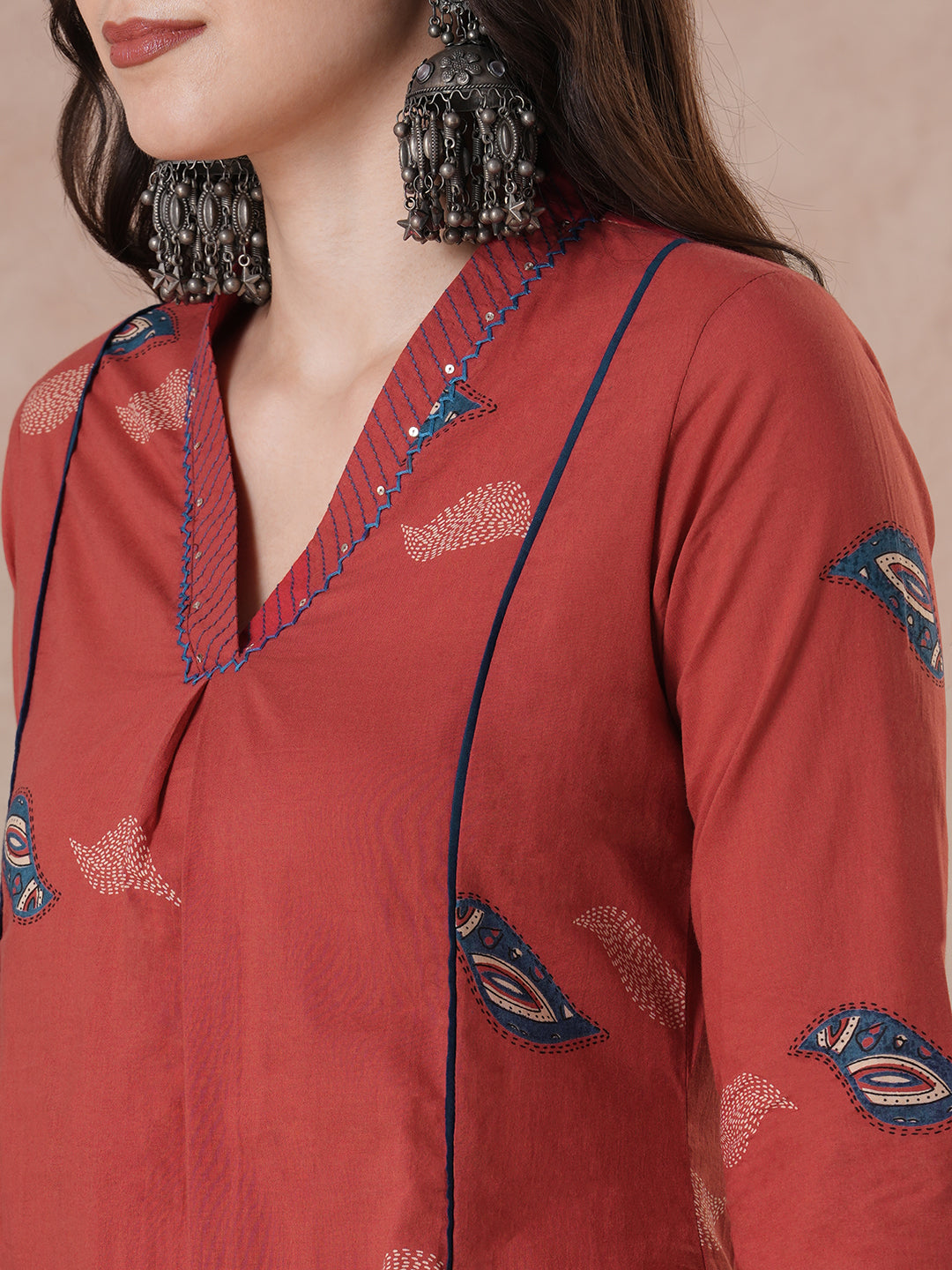 Women Printed A-Line Kurta with Hand Embroidery and Box Pleat Detail.