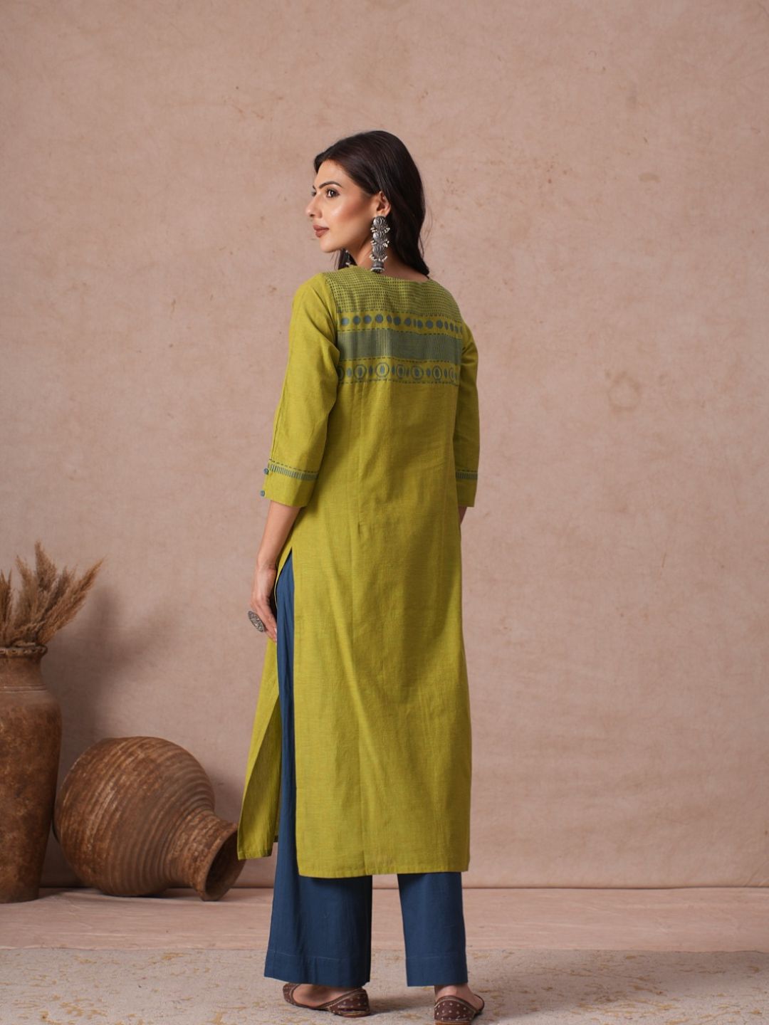 Straight Fit Woven Cotton Kurta with Hand Block Print & Mirror Work Detail.