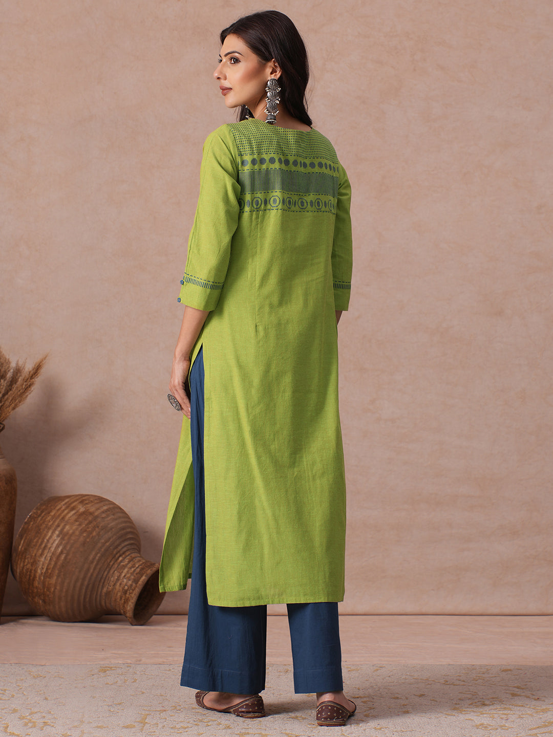 Straight Fit Woven Cotton Kurta with Hand Block Print & Mirror Work Detail.
