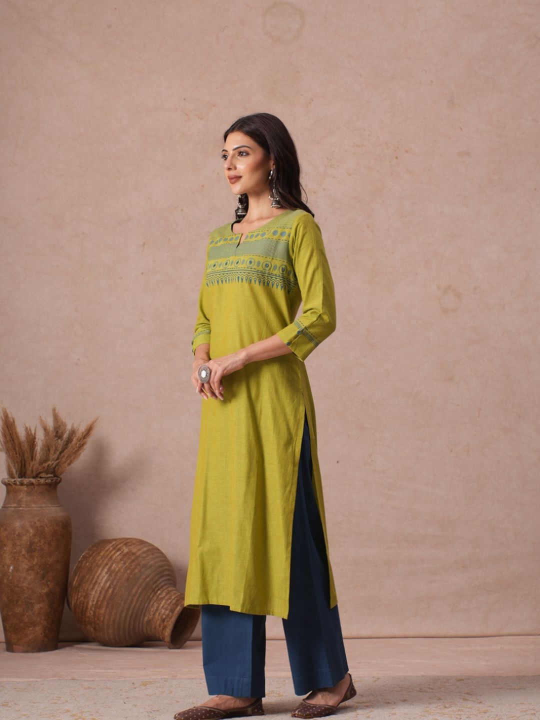 Straight Fit Woven Cotton Kurta with Hand Block Print & Mirror Work Detail.