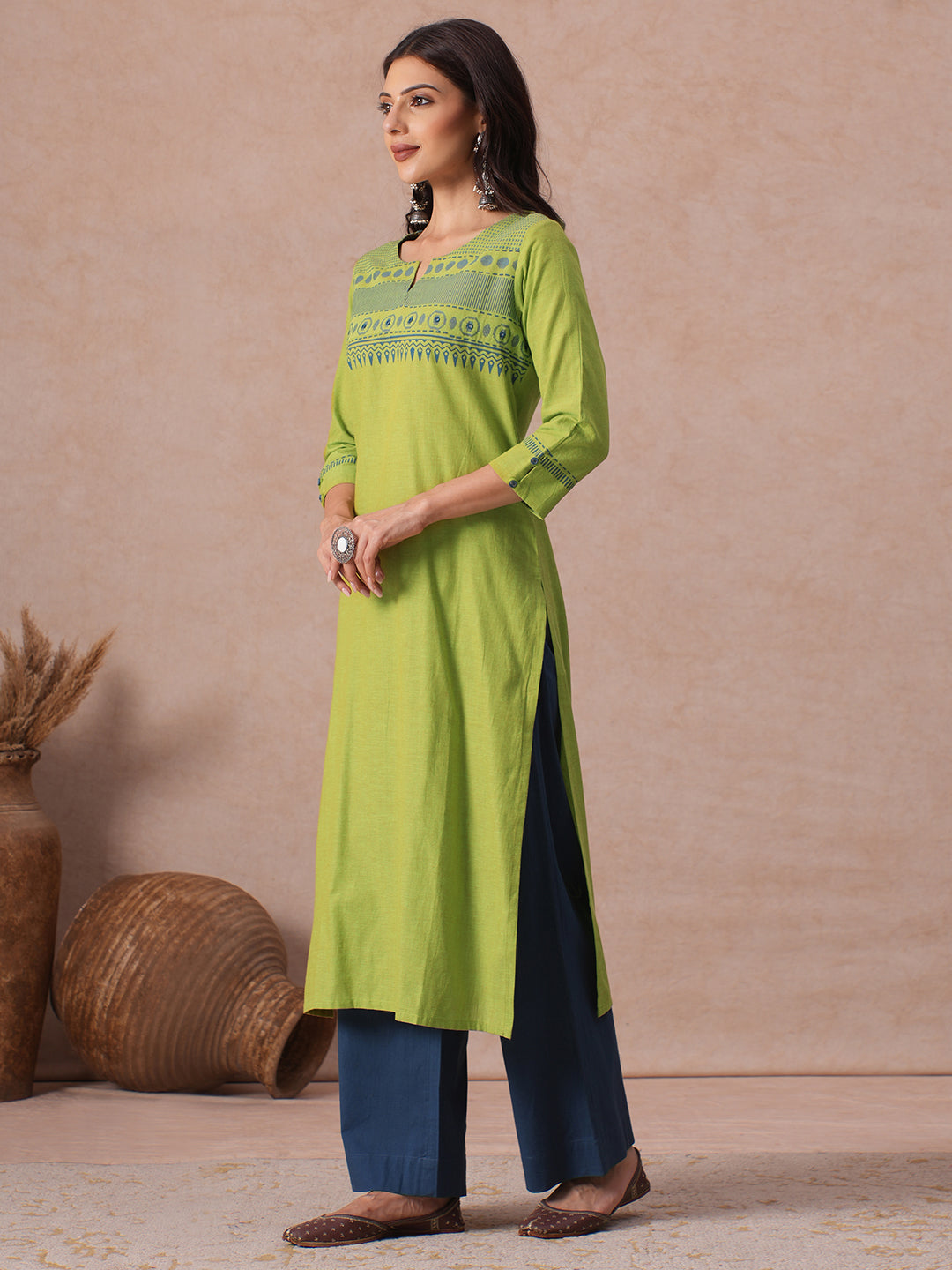 Straight Fit Woven Cotton Kurta with Hand Block Print & Mirror Work Detail.