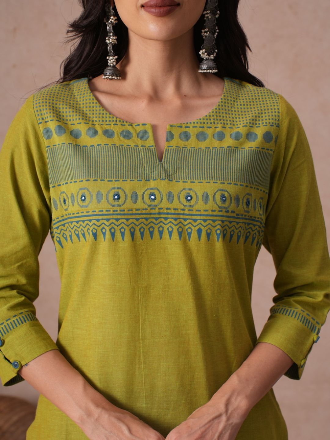 Straight Fit Woven Cotton Kurta with Hand Block Print & Mirror Work Detail.