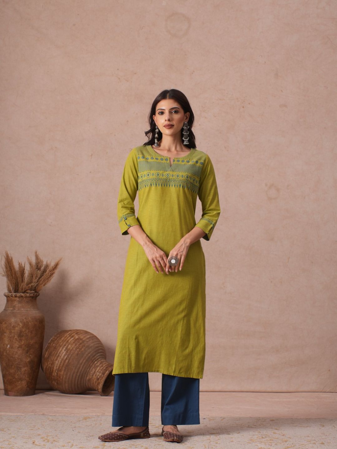 Straight Fit Woven Cotton Kurta with Hand Block Print & Mirror Work Detail.