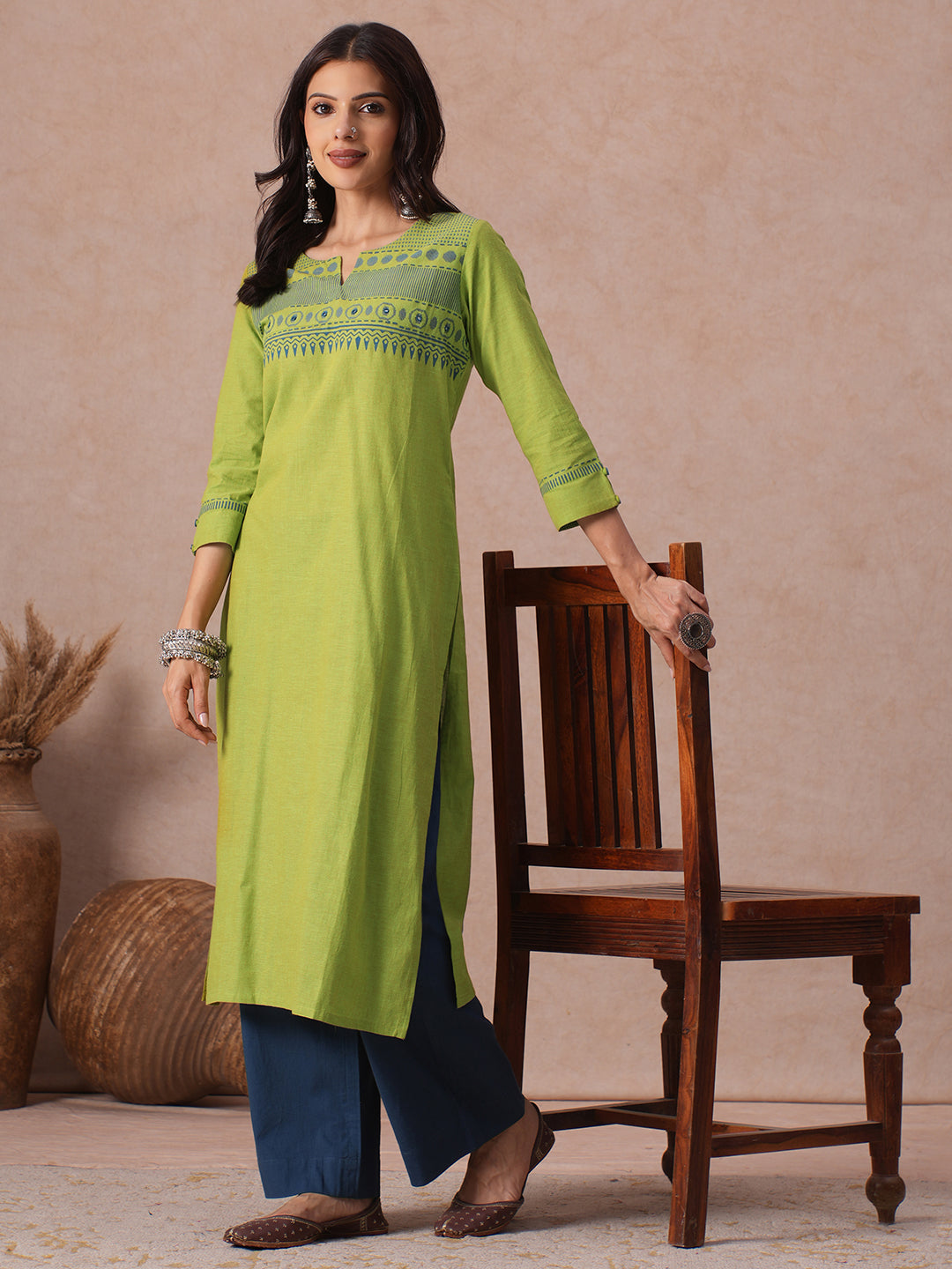 Straight Fit Woven Cotton Kurta with Hand Block Print & Mirror Work Detail.
