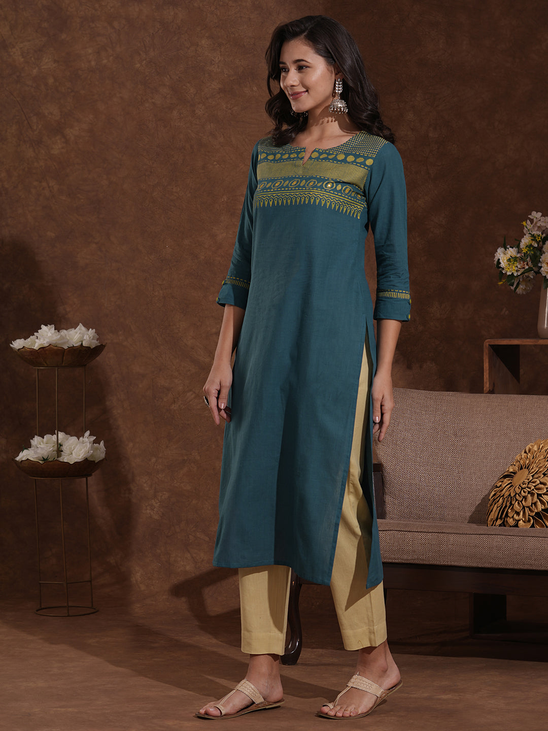 Azure Blue Straight Fit Cotton Woven Kurta with Mirror Embellishments
