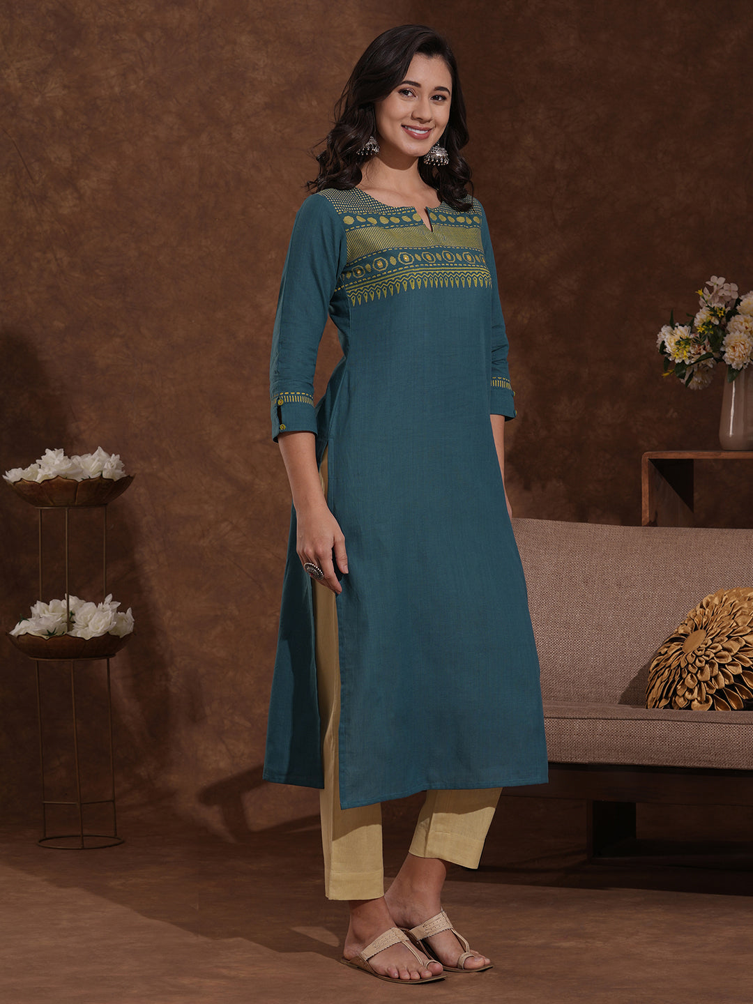 Azure Blue Straight Fit Cotton Woven Kurta with Mirror Embellishments