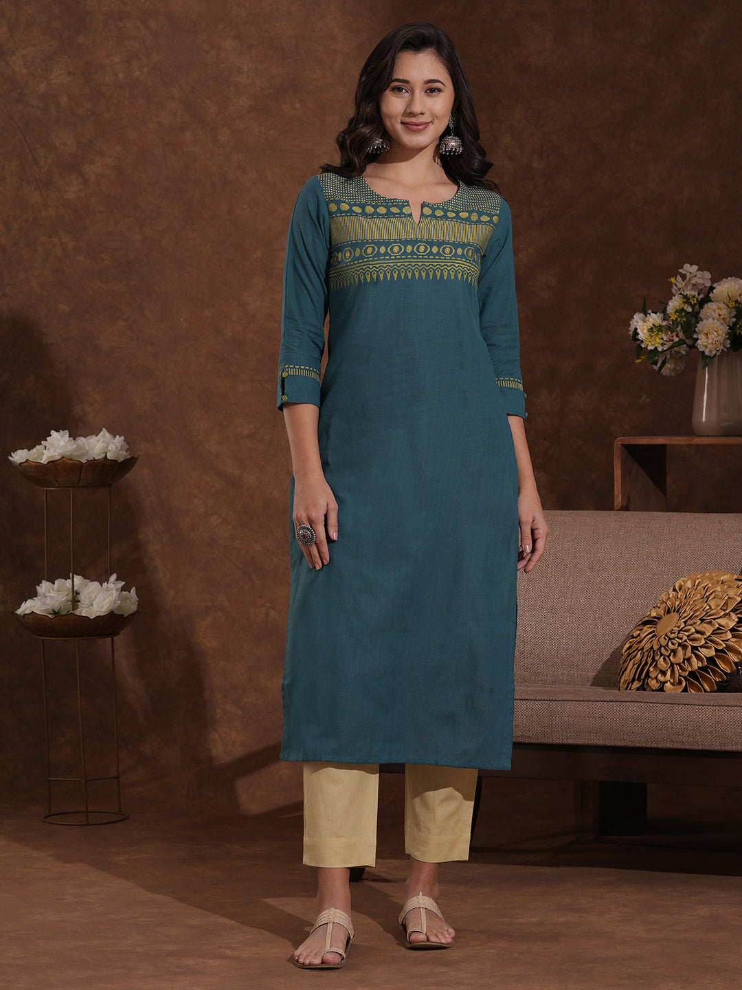 Azure Blue Straight Fit Cotton Woven Kurta with Mirror Embellishments
