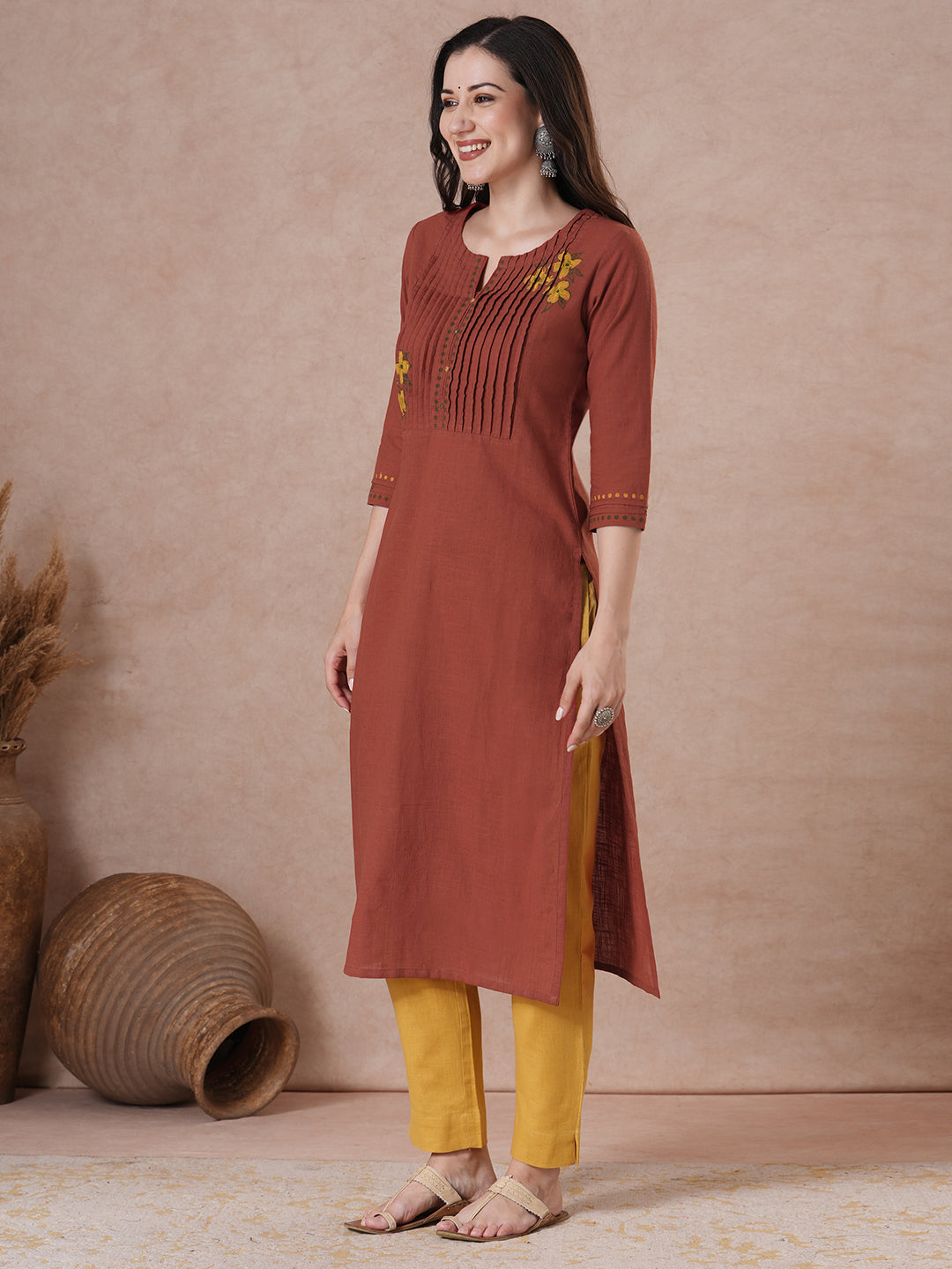Rust Orange Hand Block Print Cotton Slub Kurta with Mirror Work Yoke.