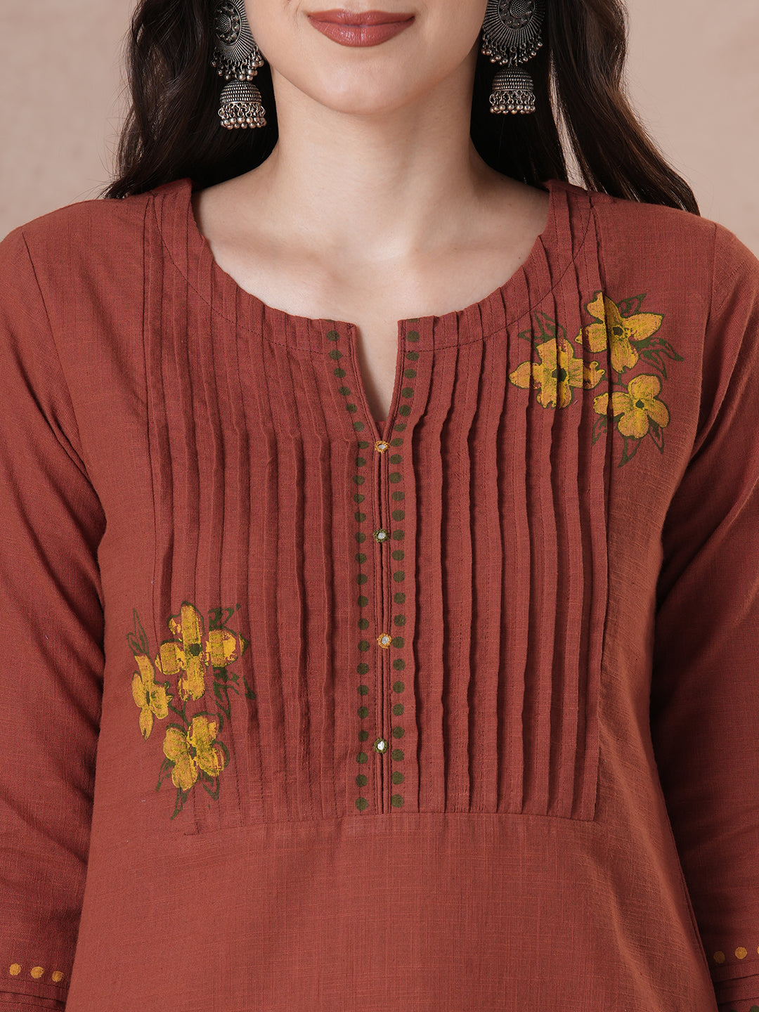 Rust Orange Hand Block Print Cotton Slub Kurta with Mirror Work Yoke.