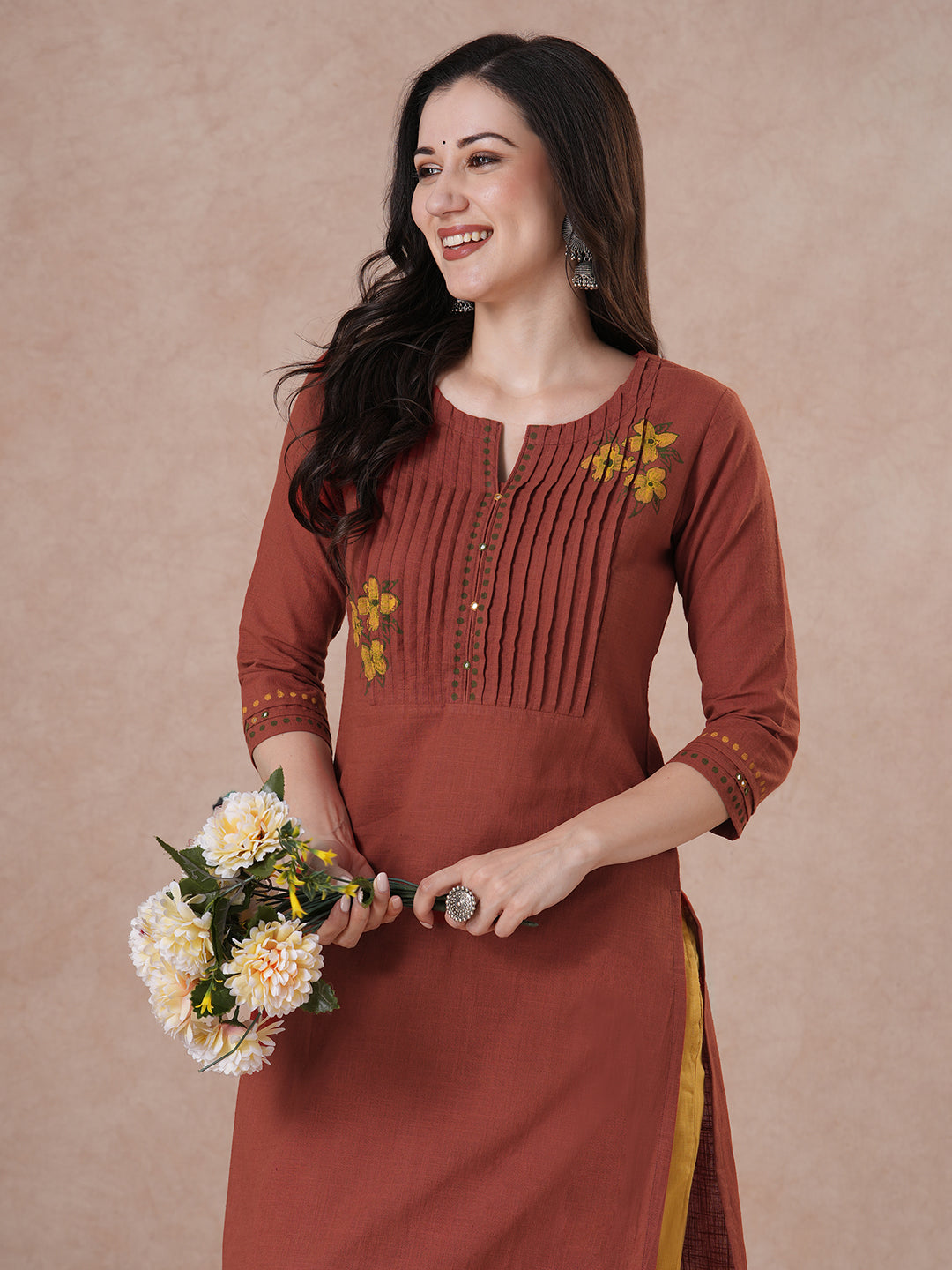 Rust Orange Hand Block Print Cotton Slub Kurta with Mirror Work Yoke.