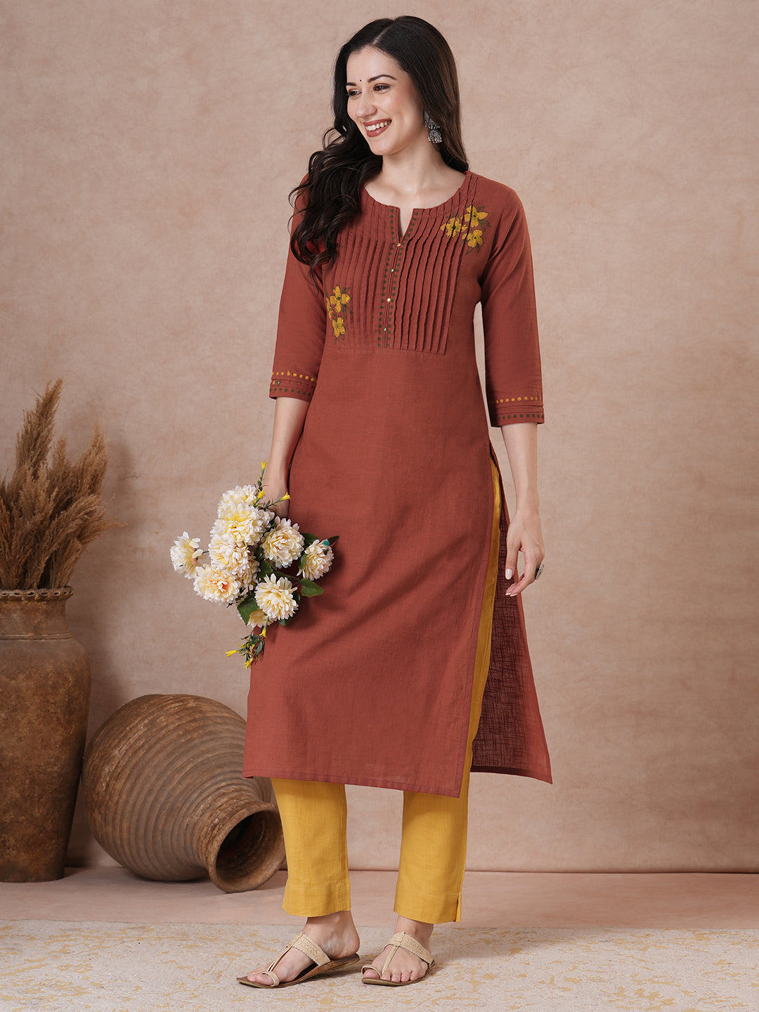 Rust Orange Hand Block Print Cotton Slub Kurta with Mirror Work Yoke.