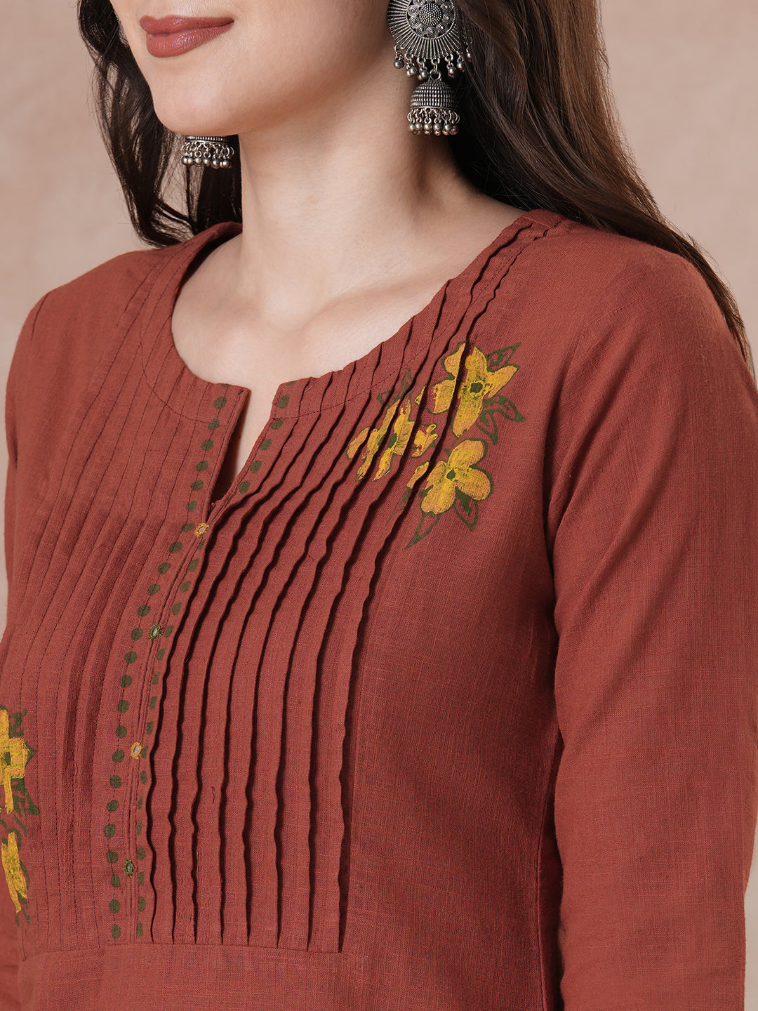 Rust Orange Hand Block Print Cotton Slub Kurta with Mirror Work Yoke.