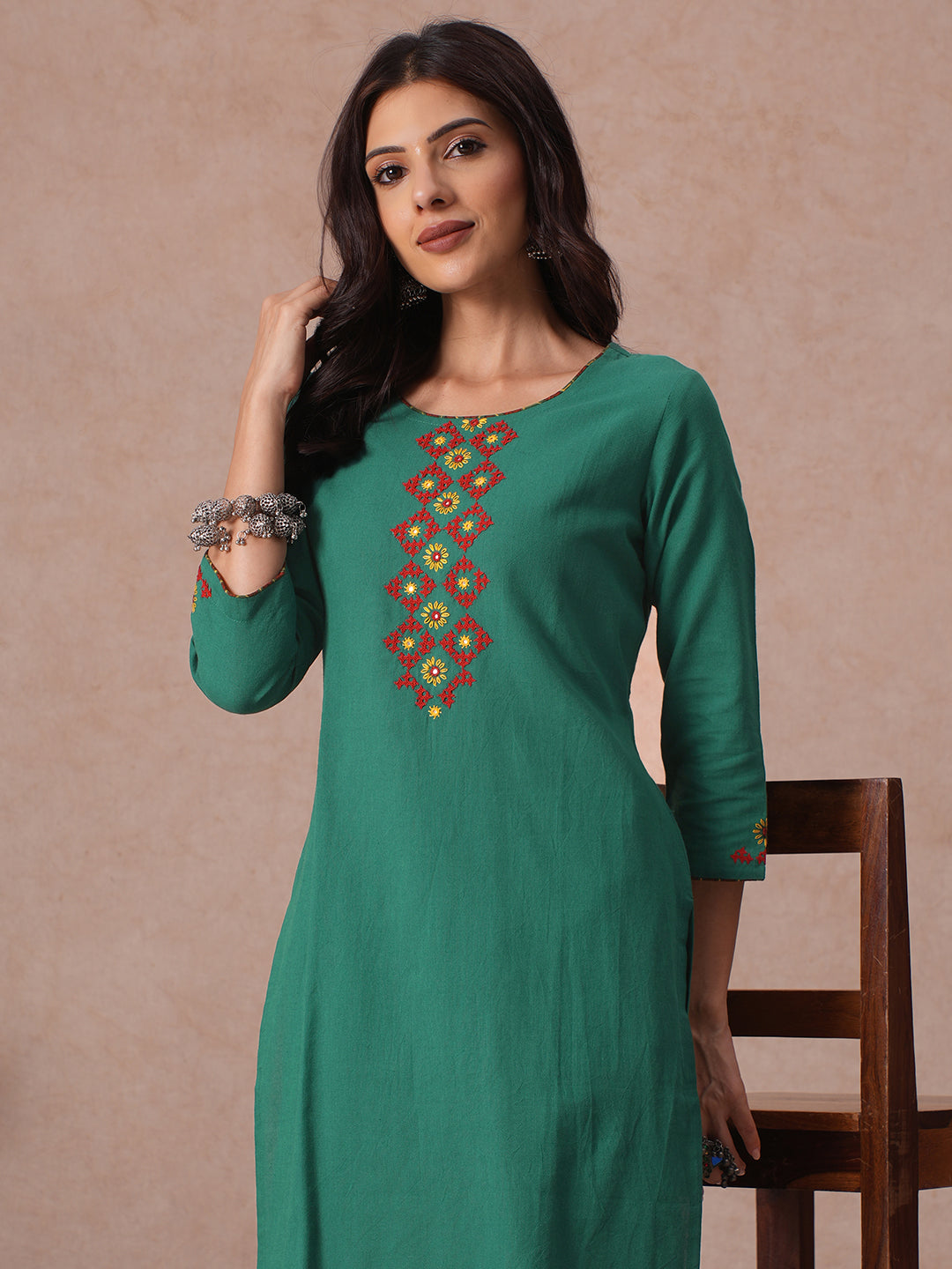 Straight Fit Cotton Khadi Kurta with Rabari-Inspired Hand Embroidery Work.