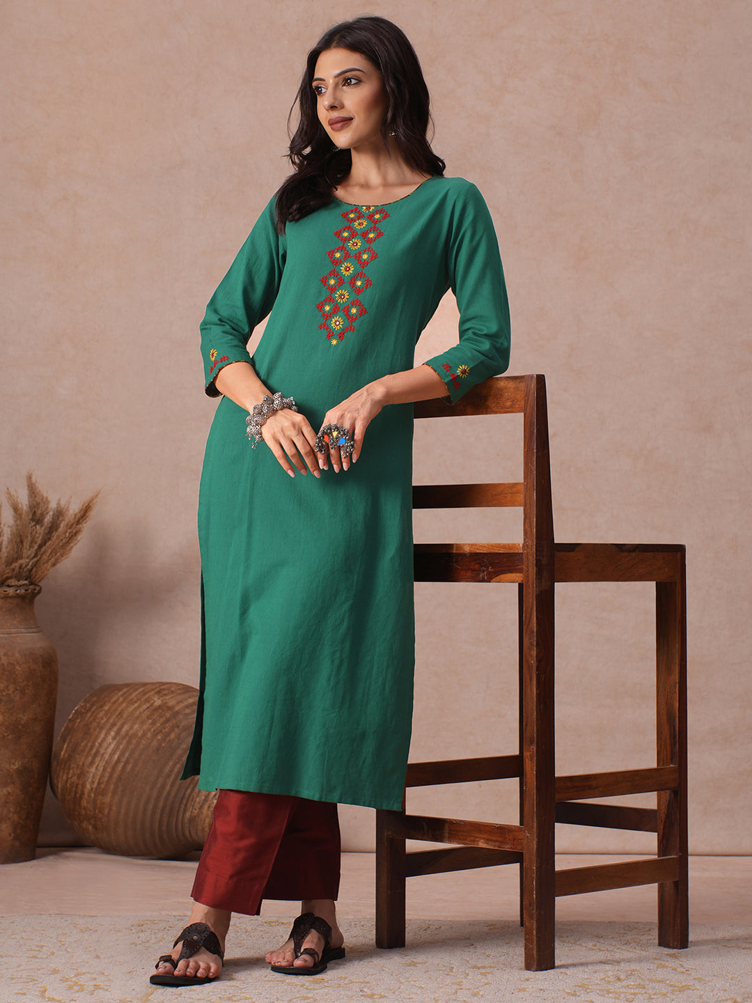 Straight Fit Cotton Khadi Kurta with Rabari-Inspired Hand Embroidery Work.