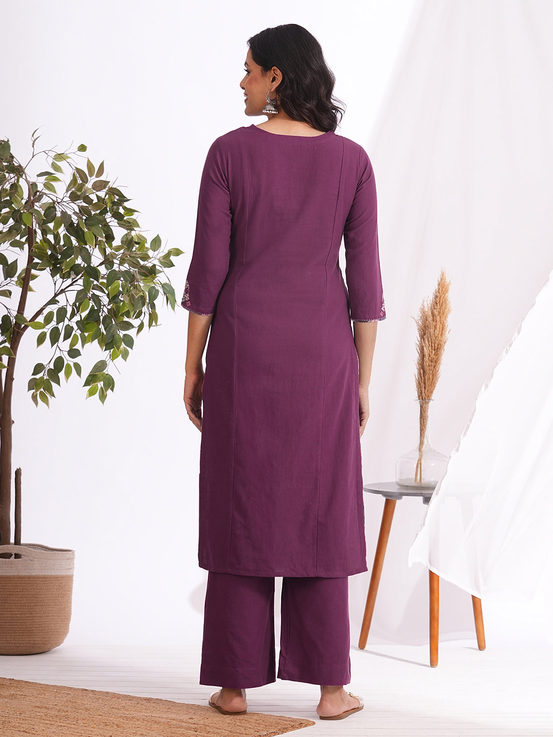 Straight fit cotton kurta with mirror work and hand block printed trim detailing