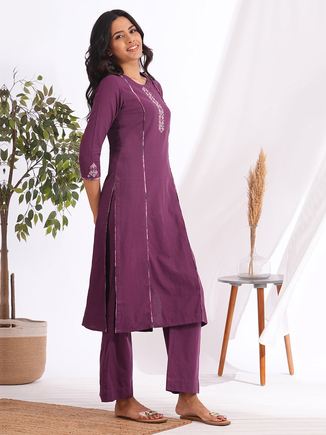 Straight fit cotton kurta with mirror work and hand block printed trim detailing