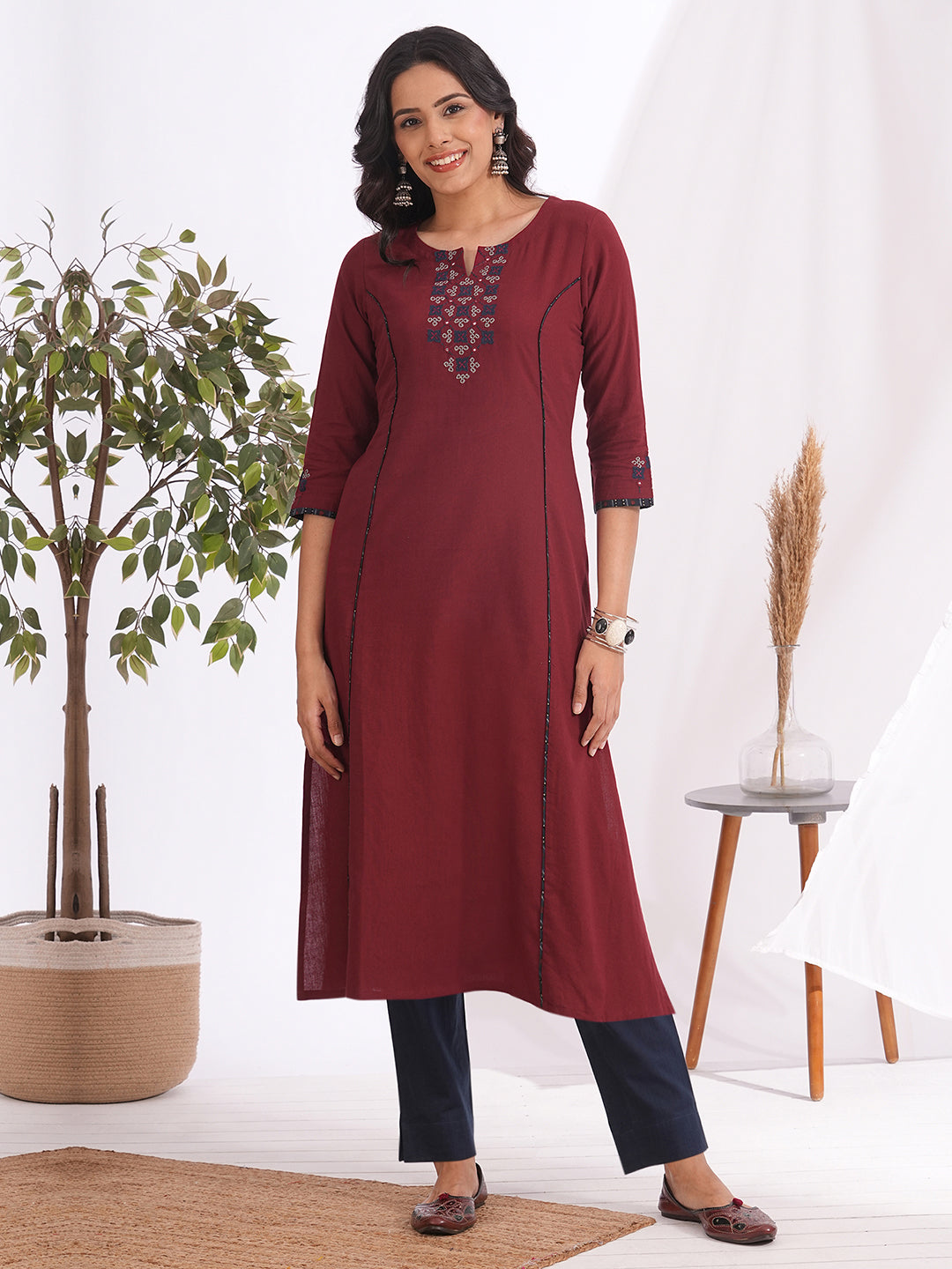 Straight fit cotton kurta with Mirror work and hand piping detailing