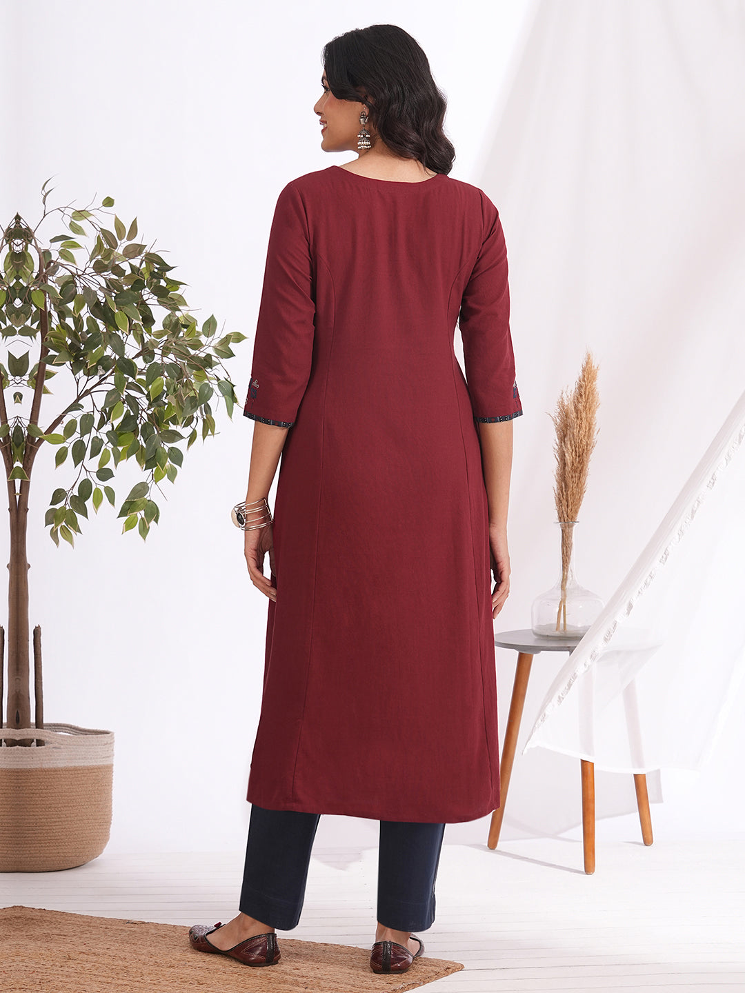 Straight fit cotton kurta with Mirror work and hand piping detailing