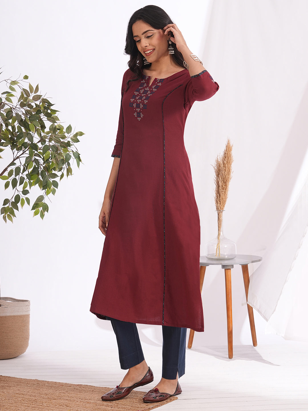 Straight Cut Cotton Kurta with Traditional Mirror Work and Hand Piping Detailing