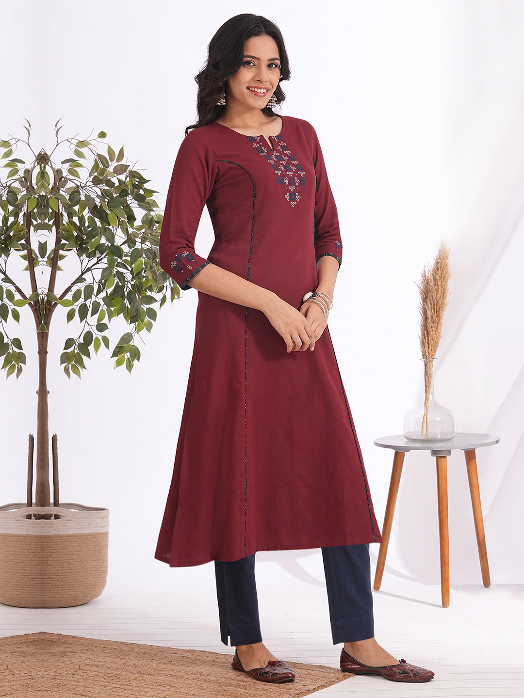 Straight Cut Cotton Kurta with Traditional Mirror Work and Hand Piping Detailing