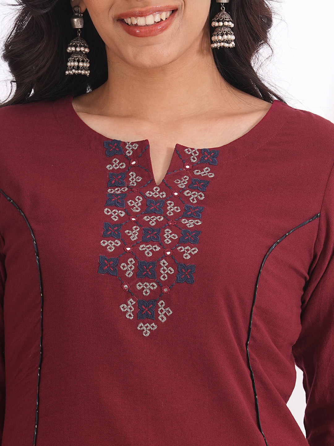 Straight Cut Cotton Kurta with Traditional Mirror Work and Hand Piping Detailing