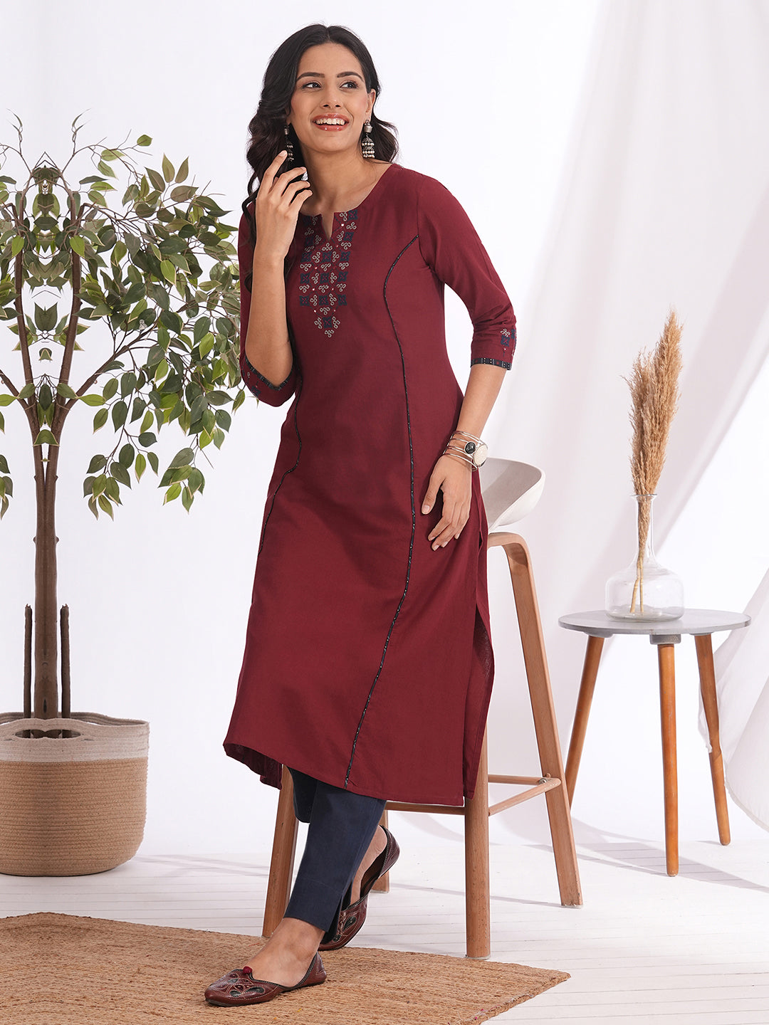 Straight Cut Cotton Kurta with Traditional Mirror Work and Hand Piping Detailing