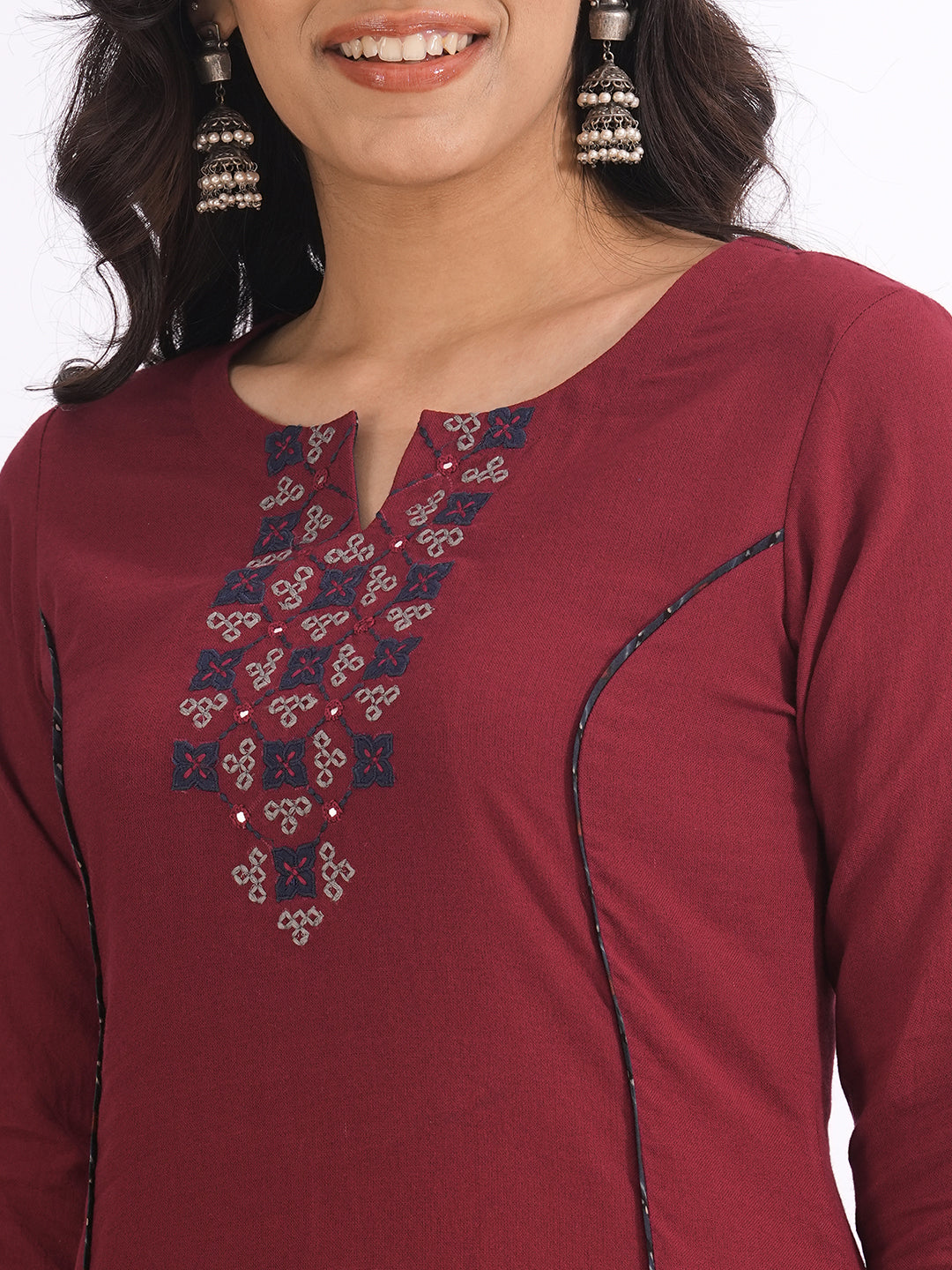 Straight Cut Cotton Kurta with Traditional Mirror Work and Hand Piping Detailing