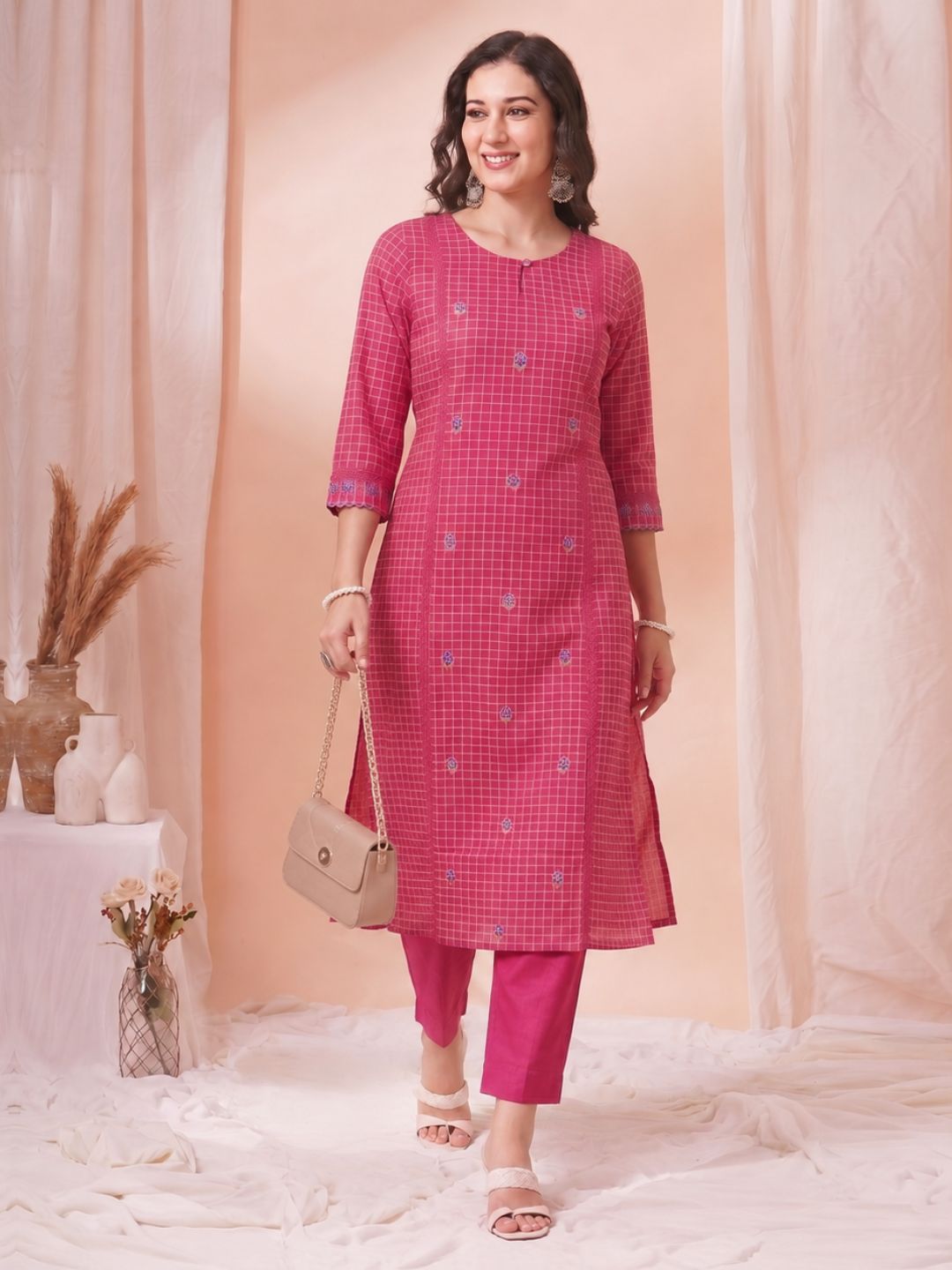 A-Line Cotton Checkered Kurta with Floral Embroidery & Lace Detailing.