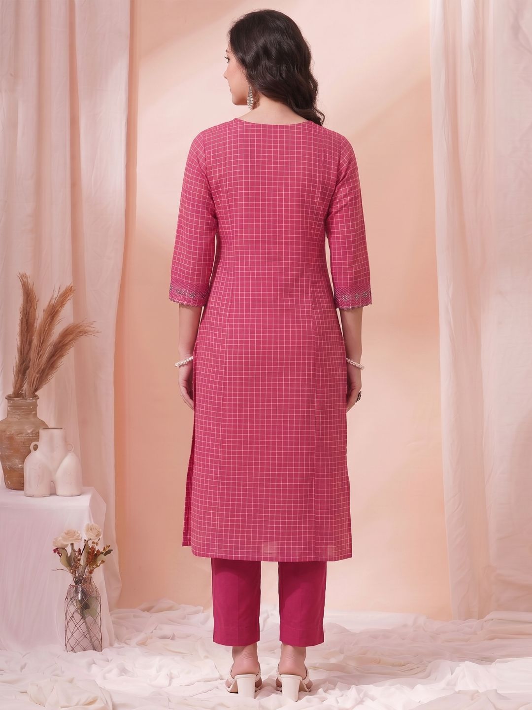 A-Line Cotton Checkered Kurta with Floral Embroidery & Lace Detailing.