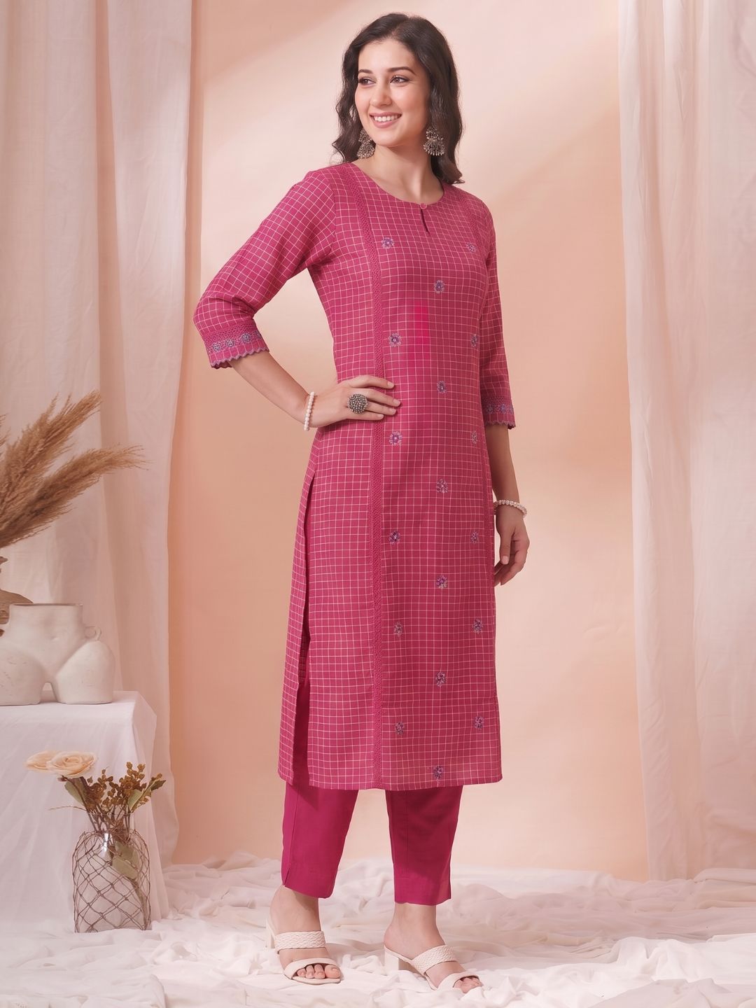 A-Line Cotton Checkered Kurta with Floral Embroidery & Lace Detailing.