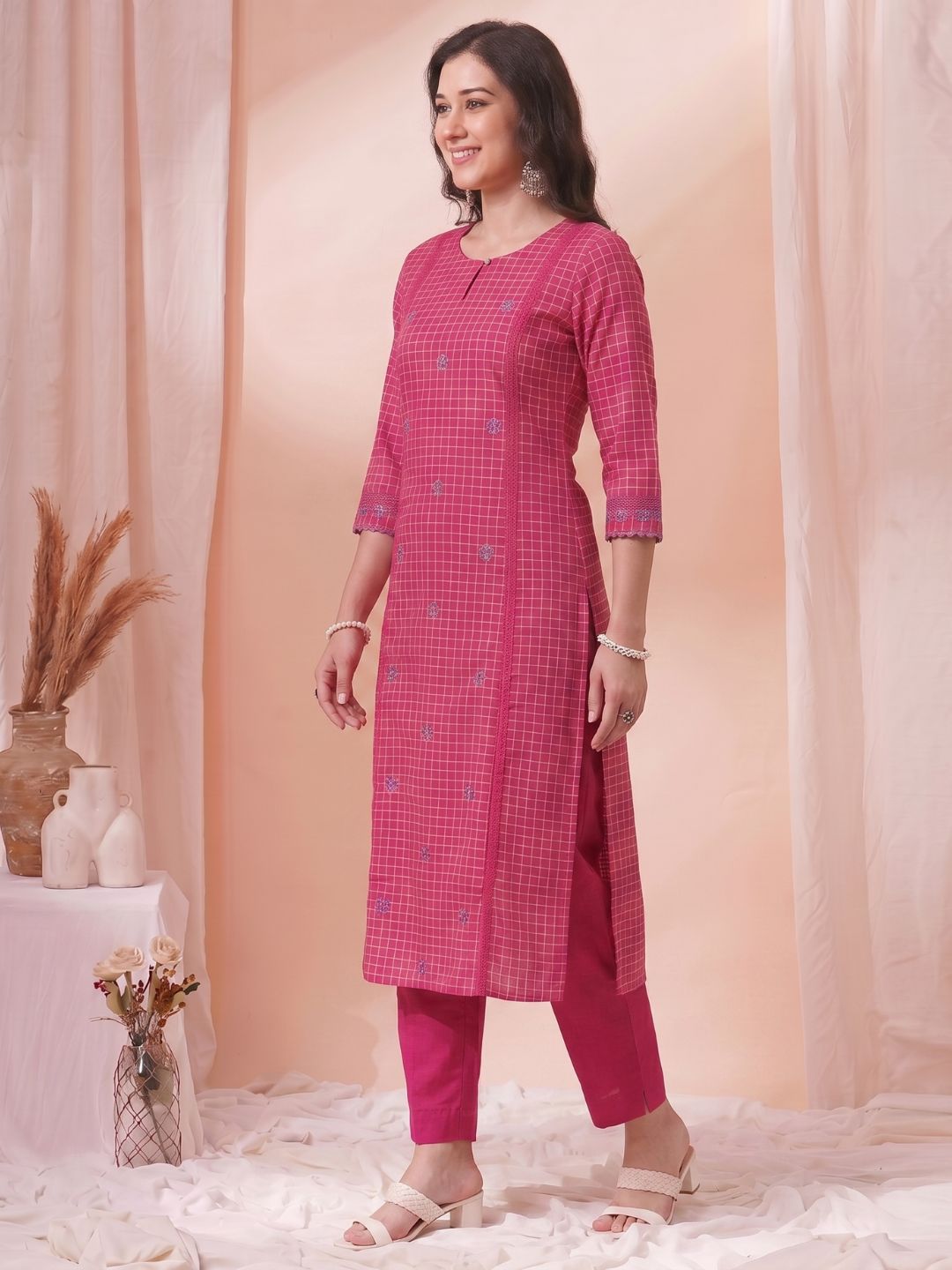 A-Line Cotton Checkered Kurta with Floral Embroidery & Lace Detailing.