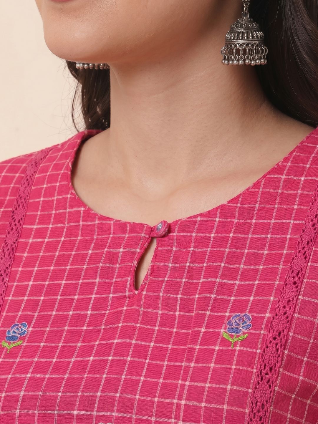 A-Line Cotton Checkered Kurta with Floral Embroidery & Lace Detailing.