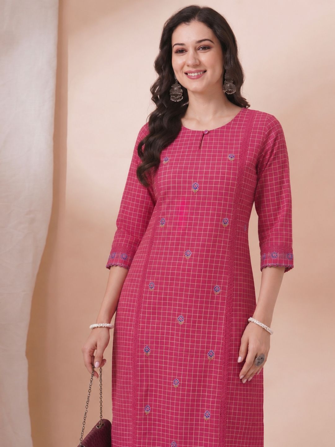 A-Line Cotton Checkered Kurta with Floral Embroidery & Lace Detailing.