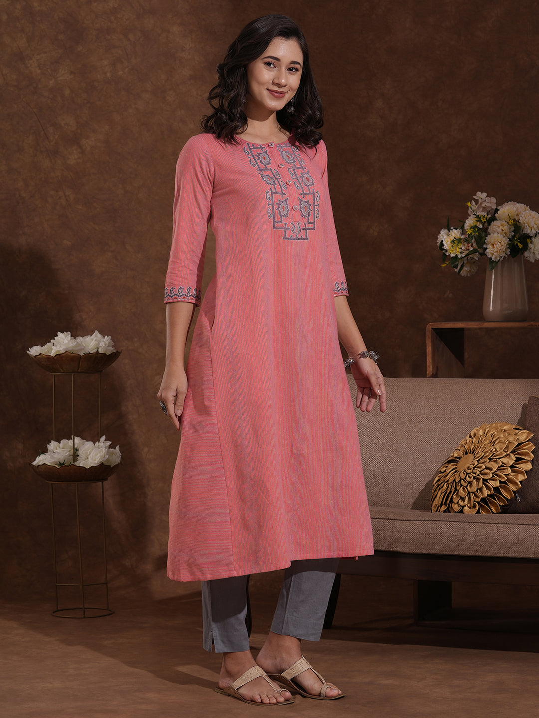 A-Line Kurta in Woven Cotton with All-Over Thread Embroidery and Pocket Detail