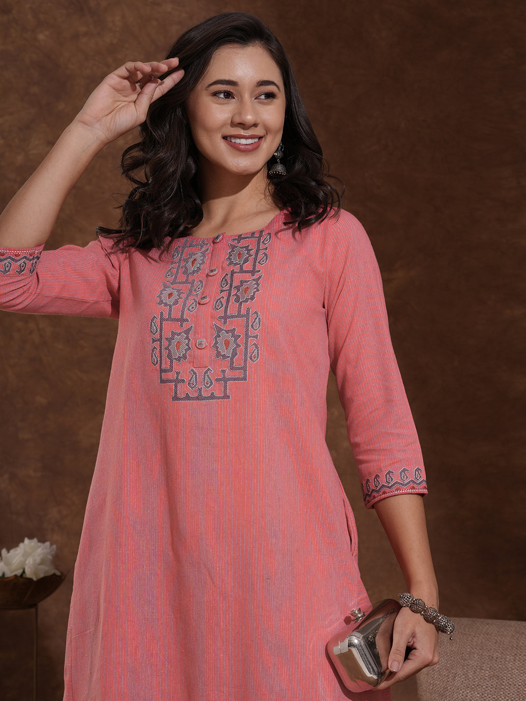 A-Line Kurta in Woven Cotton with All-Over Thread Embroidery and Pocket Detail