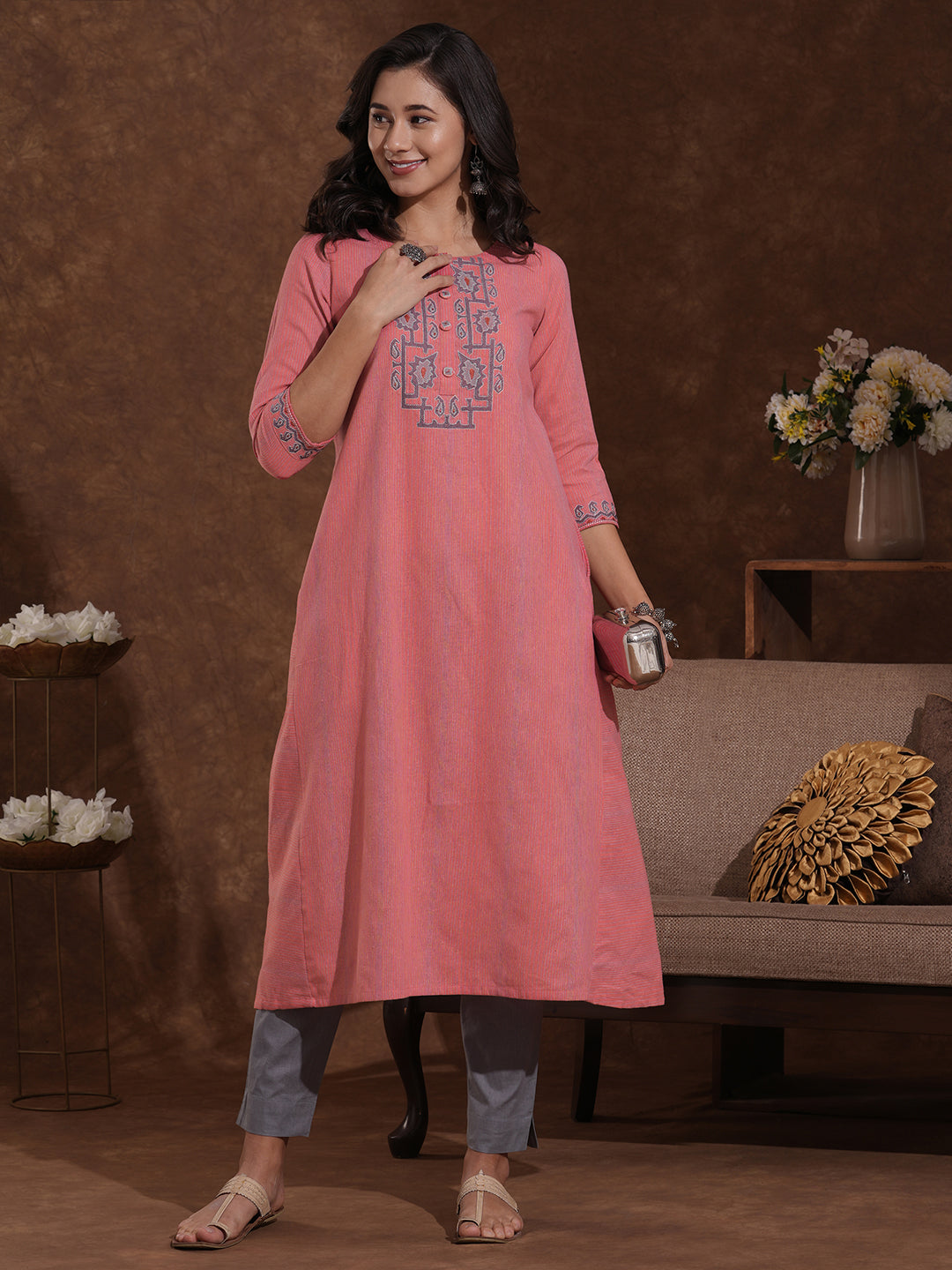 A-Line Kurta in Woven Cotton with All-Over Thread Embroidery and Pocket Detail