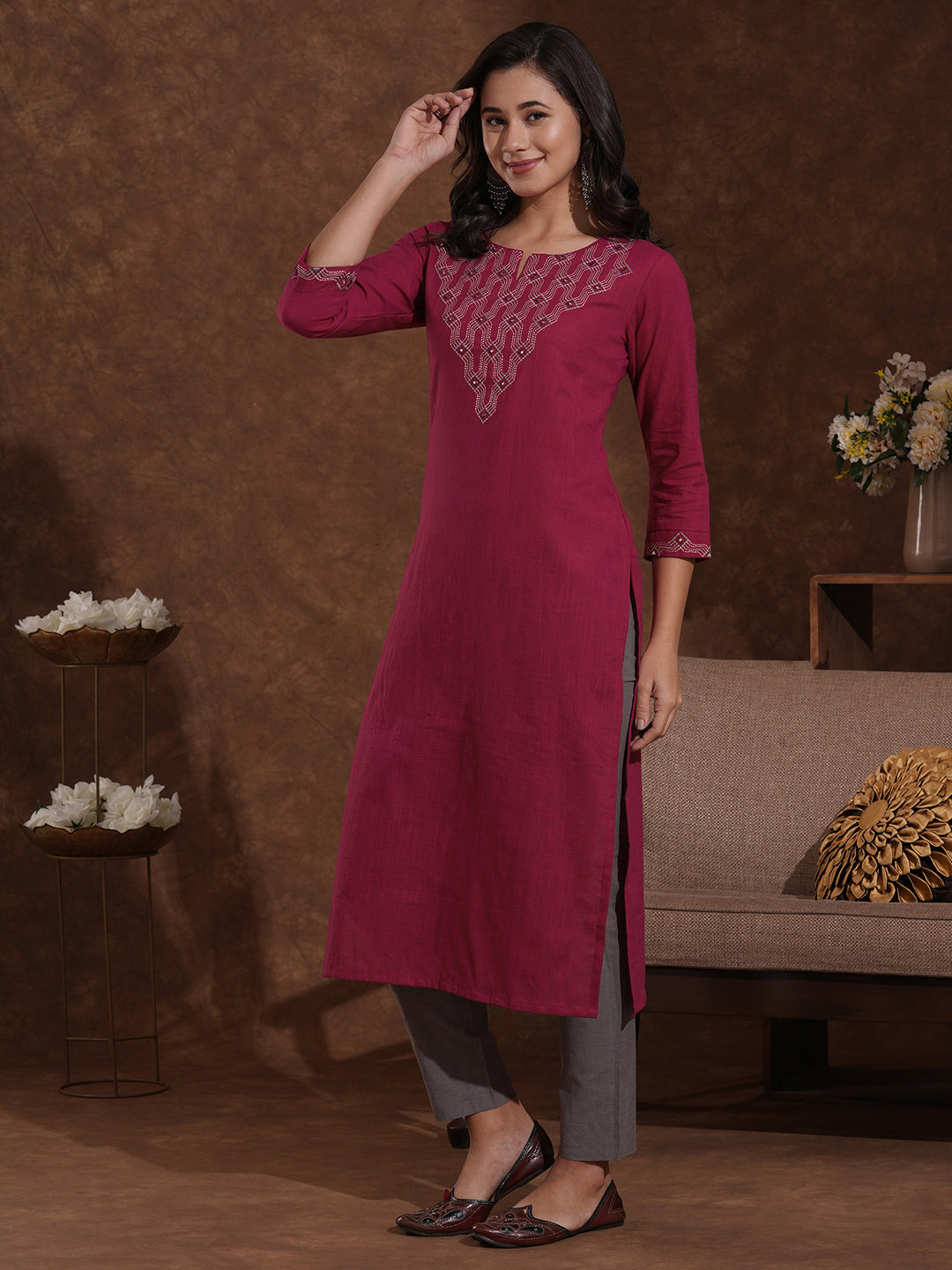 Fuchsia Pink Straight Cut Cotton Slub Kurta Featuring Thread and Mirror Work