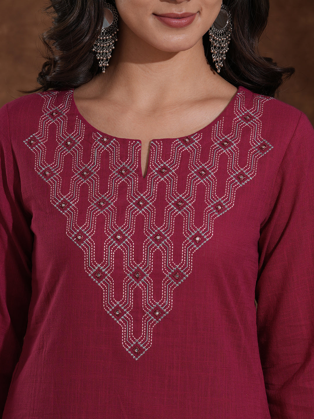 Fuchsia Pink Straight Cut Cotton Slub Kurta Featuring Thread and Mirror Work