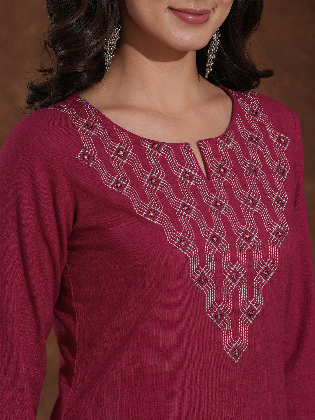 Fuchsia Pink Straight Cut Cotton Slub Kurta Featuring Thread and Mirror Work