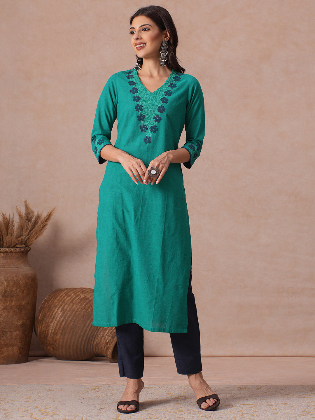 Straight Fit Cotton Stripe Kurta with Floral Applique and Machine Embroidery.