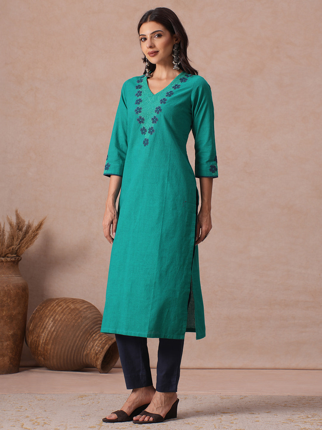 Straight Fit Cotton Stripe Kurta with Floral Applique and Machine Embroidery.