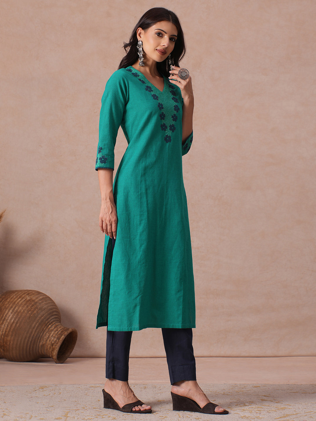 Straight Fit Cotton Stripe Kurta with Floral Applique and Machine Embroidery.