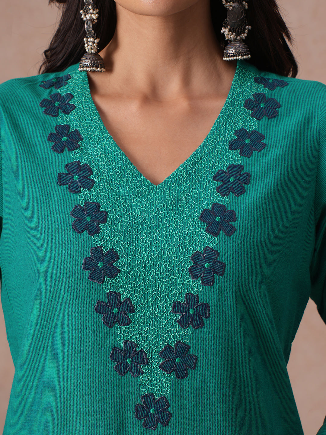 Straight Fit Cotton Stripe Kurta with Floral Applique and Machine Embroidery.