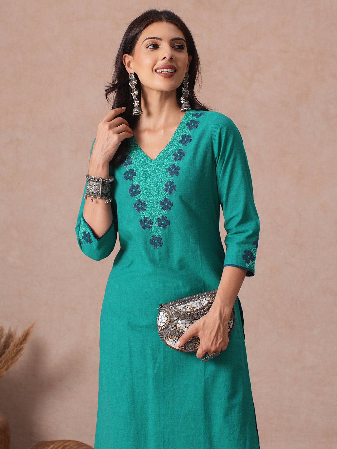 Straight Fit Cotton Stripe Kurta with Floral Applique and Machine Embroidery.