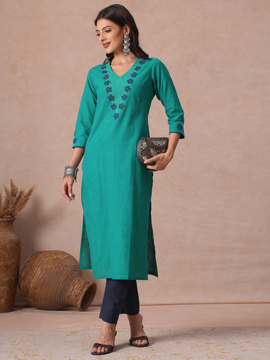 Straight Fit Cotton Stripe Kurta with Floral Applique and Machine Embroidery.