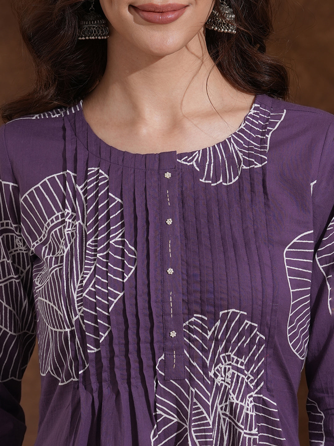 A-Line Matte Purple Kurta with Pleats, Bold Floral Print, Handwork and Pocket