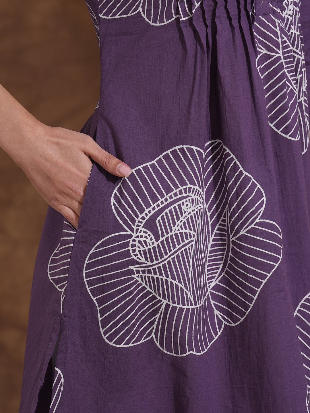 A-Line Matte Purple Kurta with Pleats, Bold Floral Print, Handwork and Pocket