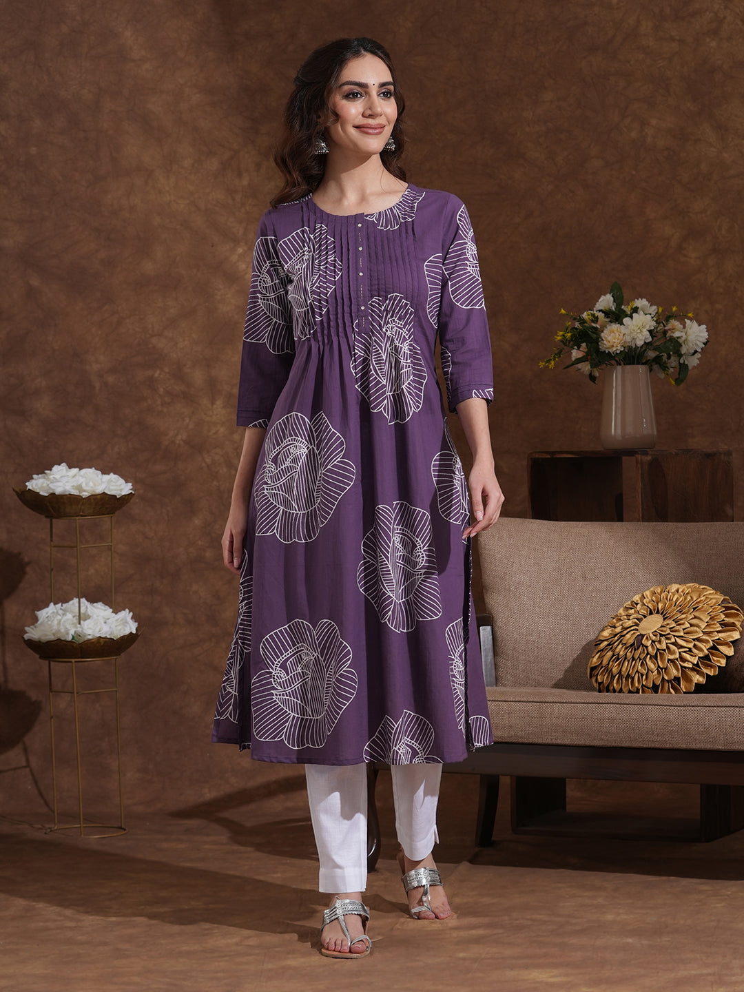 A-Line Matte Purple Kurta with Pleats, Bold Floral Print, Handwork and Pocket