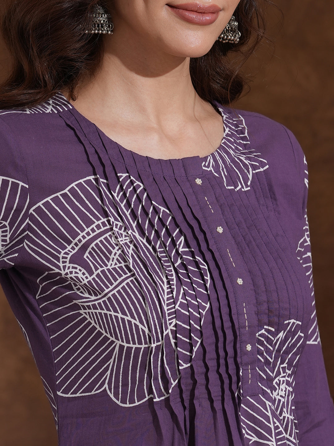 A-Line Matte Purple Kurta with Pleats, Bold Floral Print, Handwork and Pocket